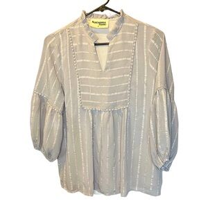 Savanna Jane Blouse; Ruffled Neck; Silver and Grey Striped; Women’s Size Small
